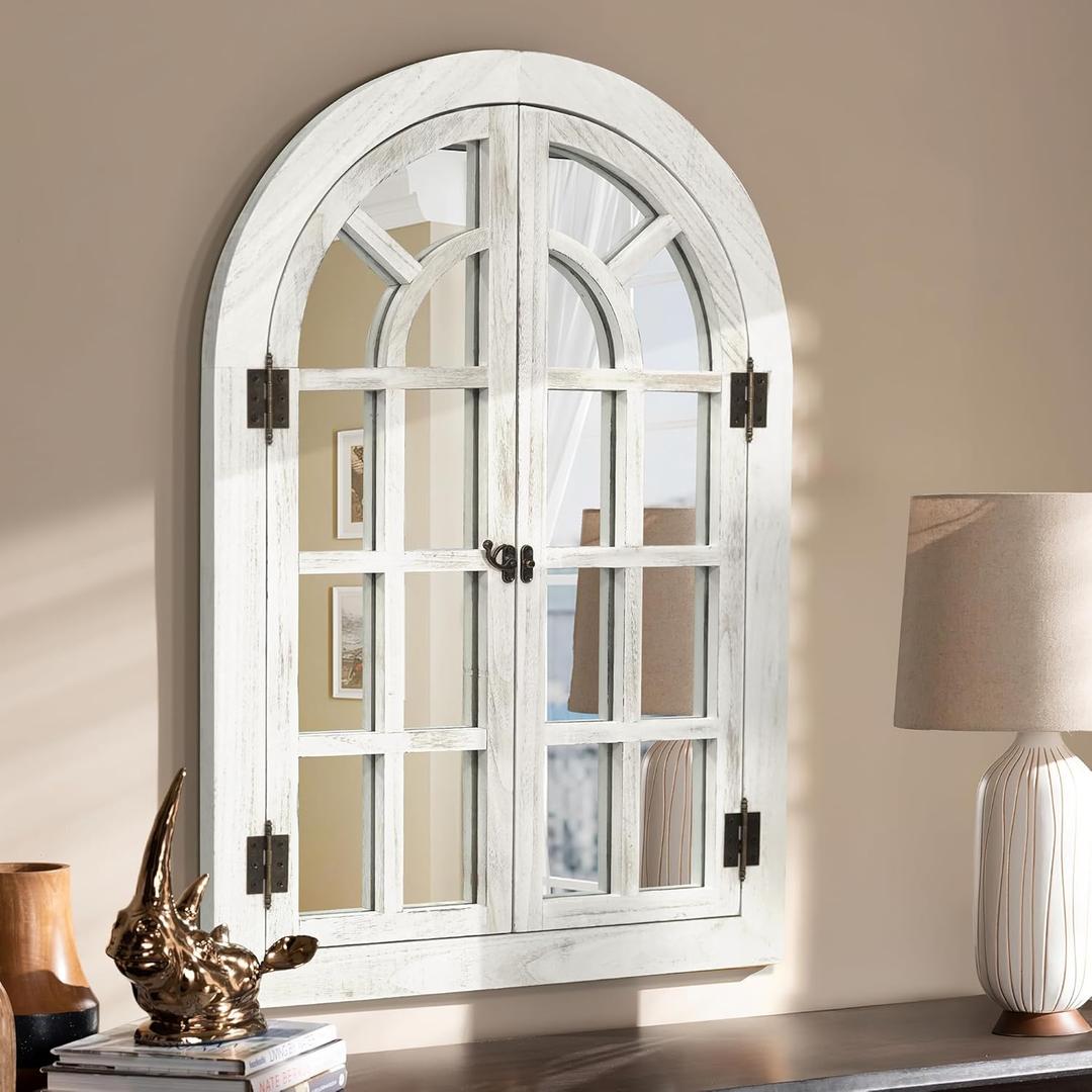 Arched Wall Mirror -Window Mirrors for Wall Decor Wood Frame Farmhouse Decor Like Window for Bedroom, Living Room, Entrance, Dining Room (36"L x 24"W), White Wood 