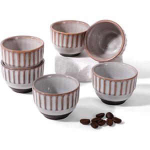 Ceramic Espresso Cup set of 6, One Shot Coffee Cups,Tiny Cofffee Mugs Demitasse for Espresso, Vertical Stripes Espresso Cup Set of 6 (Top Kiln-Gray & Bottom Dark Brown)