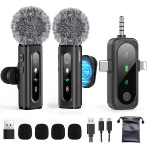 Wireless Lavalier Microphone for iPhone, Android, USB C, PC, Camera Video Recording 4 in 1 Clip-on Mics with Rotatable Clip&Denoise Recording, for Vlog Tiktok YouTube Podcast Content Creator