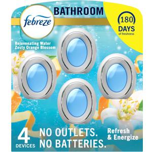 Febreze Bathroom Air Freshener, Odor-Fighting, Plug In Alternative, Air Fresheners for Home and Bathroom and Kitchen, Closet Air Fresheners, Refresh & Energize Scent, 4 Count