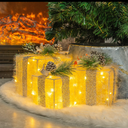 Set of 3 Christmas Lighted Gift Boxes, Plug in 60 LED Light Up Tinsel Present Box Decorations for Outdoor Indoor Christmas Tree, Yard, Home Decor (Max. Size 7.5 x 7.5 x7.1 Inch) (Warm White)
