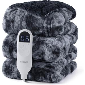 Bedsure Faux Fur Heated Blanket Twin Size, Fast Heating Electric Blanket Twin Size with 6 Heating Levels & 10 Time Settings, Cozy Gifts for Women Men (62x84 inches, Black)
