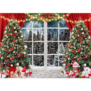 Dudaacvt 10x8ft Christmas Window Photography Backdrop Winter Merry Xmas Tree Background Night Snow Party Decoration Holiday Photo Banner Props