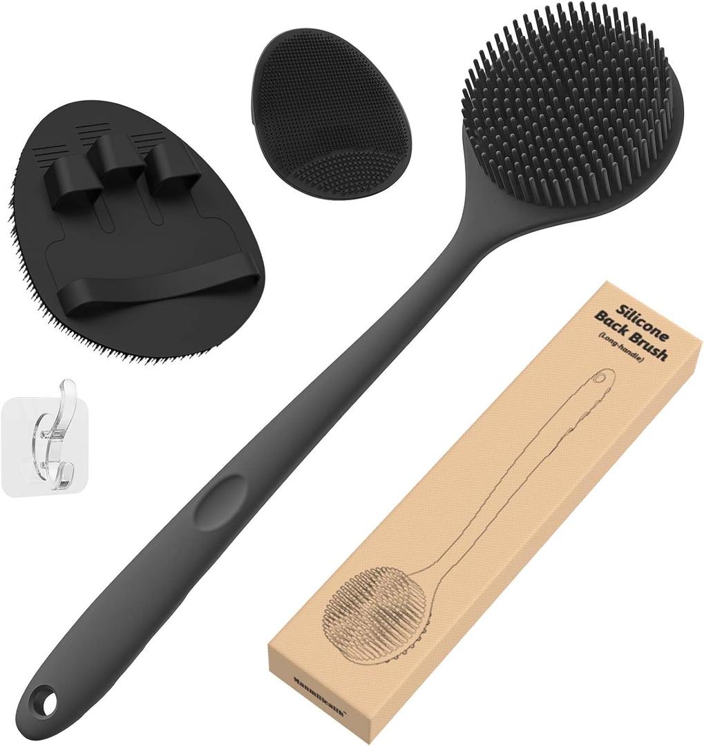 Manmihealth Silicone Back Scrubber (Thin Bristles) & Bath Glove & Face Brush Set(3PCS), Super-Exfoliating & Lathering Body Scrubber, Shower Brush, Face Scrubber Combination, with a Free Hook.(Black)