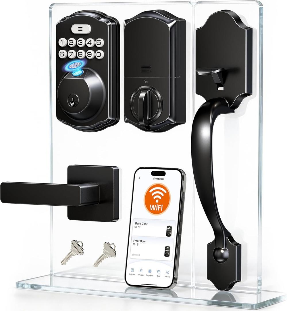 Veise VE012W-H WiFi Smart Front Door Lock Set, Built-in WiFi, App Remote & Voice Control, Fingerprint Keyless Entry Smart deadbolt with Handle, Backlit Keypad, Auto Lock, IP55 Waterproof, Matte Black