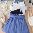 WDIRARA Girl's 2 Piece Outfit Graphic Print Sleeveless Halter Top and Belted Paperbag Waist Shorts Set, Size 11-12Y