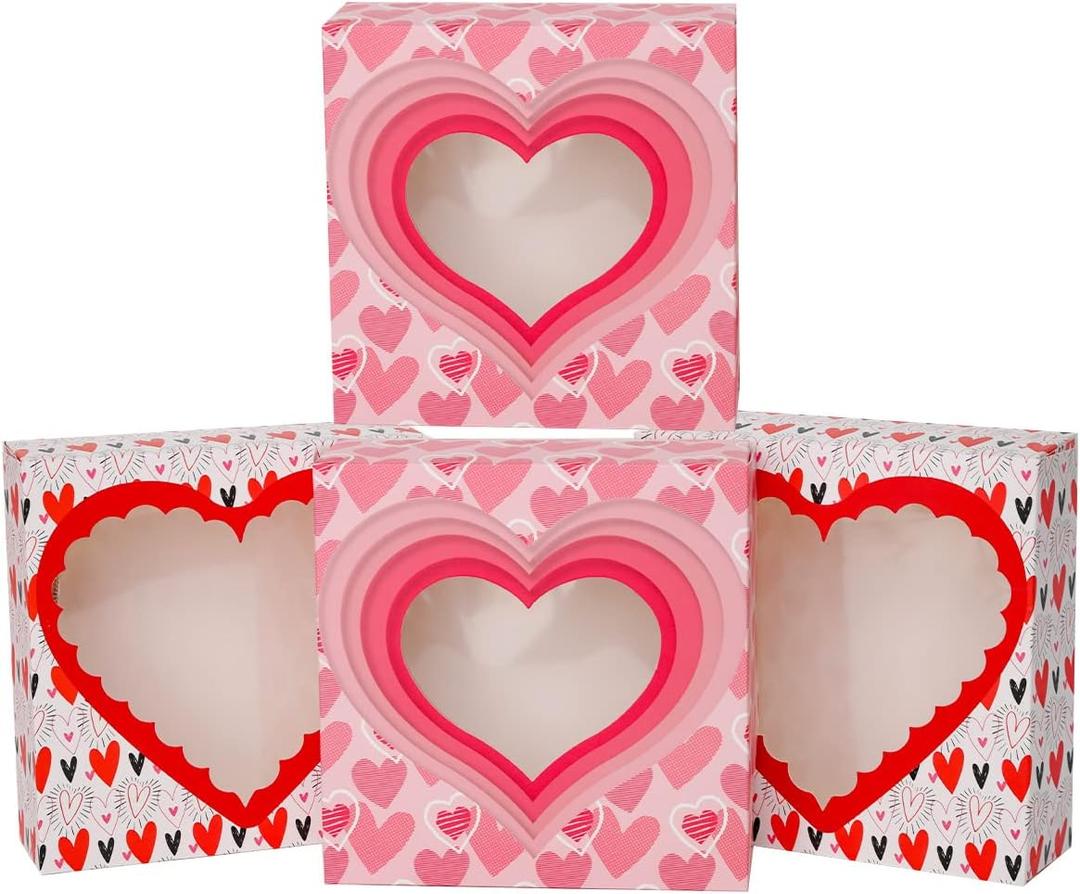 qiqee Valentine Pastry Box With Window 8x8x2.5 inch Donut Pie Boxes 30pcs Bakery Box for Valentine''s Day