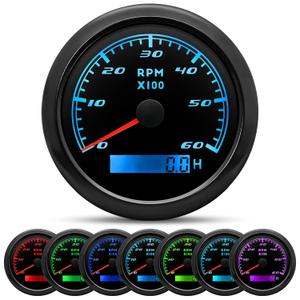 Tachometer Gauge 7 Color 0-6000 RPM Tacho Meter 85mm 3 3/8" for Auto Boat Marine Vehicle for 1-10 Cylinder Diesel and Gasoline EngineBlack