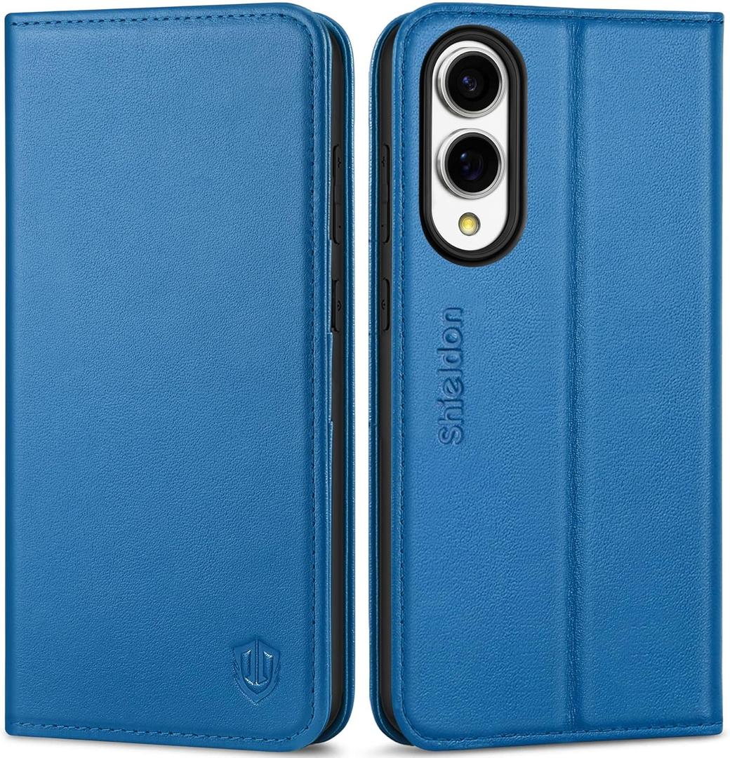 SHIELDON Case for Galaxy S25 Edge 6.7", Genuine Leather Wallet RFID Blocking Credit Card Holder Kickstand Magnetic Full Protective Cover Compatible with Galaxy S25 Edge 2025 - Sapphire Blue