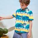 Family Hawaiian Matching Outfits Father Son Matching Shirts Tropical Flower Short Sleeve Button Down Tops (Blue)