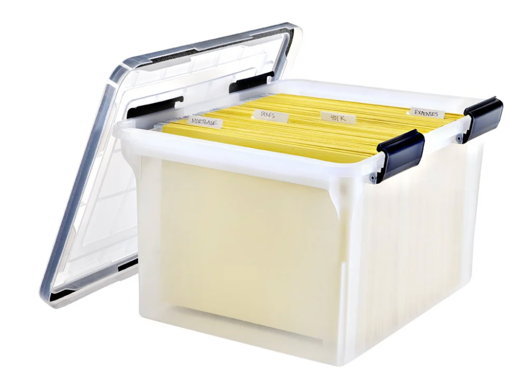 IRIS USA File Box WeatherPro File Organizer Plastic File Box for Letter/Legal File, Water Resistant Document Box, Durable Lid, Seal w/ Secure Latching Buckles, Stackable, Nestable, Clear 32 Qt.