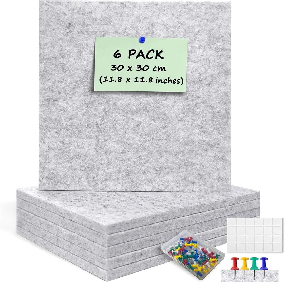 6 Pack Cork Board Felt Bulletin Board with 60 Push Pins, 1/2" Thick Pinboard Square Tiles for Wall Organizer - Home Office Classroom Decor, Photo Display, Memo Board (11.8"x11.8"- Light Grey)