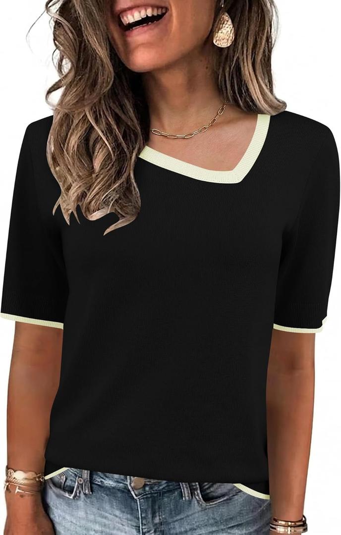 Rapbin Womens Short Sleeve Sweater Asymmetrical Neck Dressy Casual Fashion Summer Pullover Tops Sweater Blouse 2026 (Small, Black With Border)