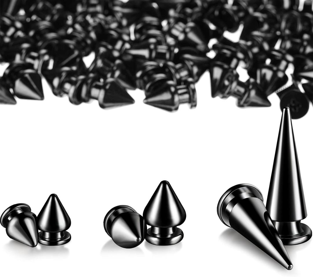 170 Pieces Multiple Sizes Cone Spikes Screwback Studs Rivets Large Medium Small Metal Tree Spikes Studs for Punk Style Clothing Accessories DIY Craft Decoration (Black)