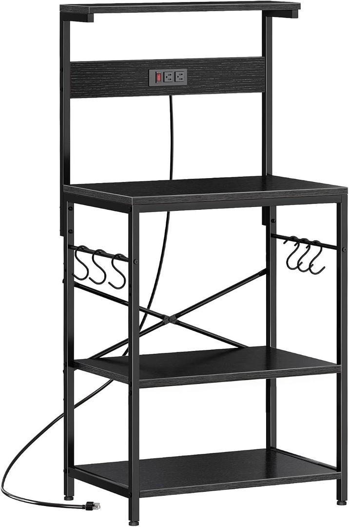 SUPERJARE Kitchen Bakers Rack with Power Outlet, Coffee Bar Table 4 Tiers, Kitchen Microwave Stand with 6 S-shaped Hooks, Storage Shelf Rack for Spices, Pots and Pans -  23.6 inch, Black