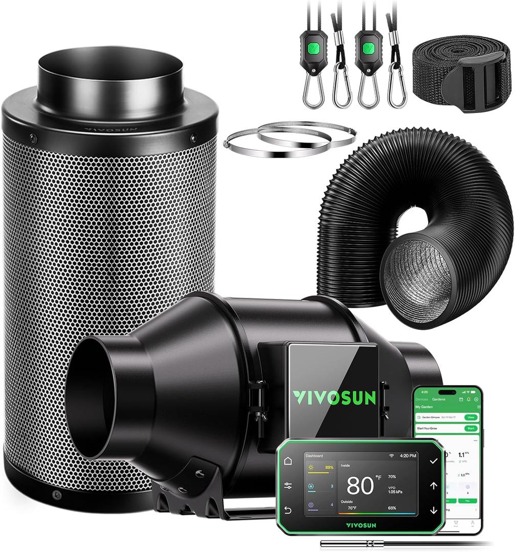 VIVOSUN Smart Air Filtration PRO G4 Kit 4", AeroZesh G4 Inline Duct Fan w/GrowHub E42A+ Temp. Humidity WiFi-Controller, Carbon Filter & Ducting, Cooling & Ventilation System for Grow Tent, Hydroponics