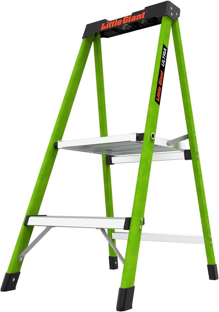 Little Giant Ultra Step Ladder with XL Platform, 2-Step Lightweight Foldable Non-Conductive Fiberglass, 300 Lbs. Capacity Type IA Extra Heavy Duty Ladder 8-Ft Max Reach