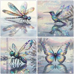 MBNTJHT 4 Pack DIY Diamond Art Kits for Adults,Butterfly Hummingbird Diamond Painting Kits,Full Round Drill Crystal Dragonfly Bee Gem Painting Art Crafts for Home Decor Gifts 14X14 Inch.