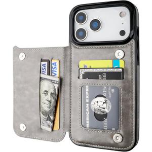 ONETOP Compatible with iPhone 17 Pro Max Wallet Case with Card Holder, PU Leather Kickstand Card Slots Case, Double Magnetic Clasp and Durable Shockproof Cover 6.9 Inch (Gray)