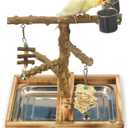Natural Wood Bird Toys Playground, Bird Cage Accessories, Bird Perches, with Removable Tray and 2 Stainless Steel Cups