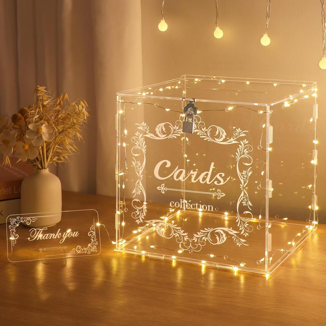 DIWNELEM Acrylic Wedding Card Box with Lock Clear Large Letter Envelope Box Acrylic Wedding Gift Card Box Money Box for Reception Baby Shower Birthday Party Graduation Decorations, 9.6*9.2*9.6 inches, Model 1