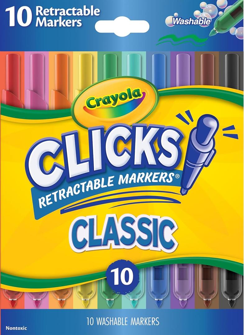 Crayola Clicks Retractable Tip Markers (10ct), Stocking Stuffers for Kids & Toddlers, Cone Tip Washable Art Marker Set, Coloring Book Supplies, No Dry, 3+ (Classics)