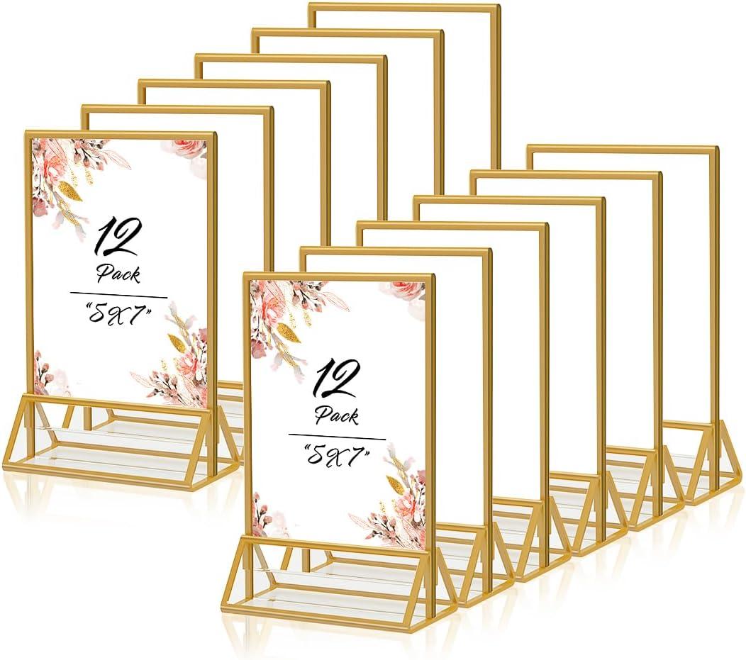 Gold Frames 5x7 Acrylic Sign Holder Double Sided Picture Frames for Wedding Table Number Menu Flyer Display for Office Home Party- Pack of 12