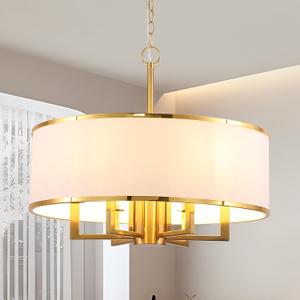 24" 6-Light Drum Chandelier, Modern Large Drum Pendant Light Fixtures with White Shade, Gold Chandelier Hanging Ceiling Light for Dining Room Living Room Foyer Kitchen Entryway, Adjustable Height