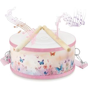 Boao 1 PC Kids Drum Set, 8 Inch Toddler Drum Wooden Toy with Adjustable Strap and 2 Drumsticks, Educational Sensory Musical Instrument for Toddlers Kid Baby Boys Girls Gift(Butterfly)