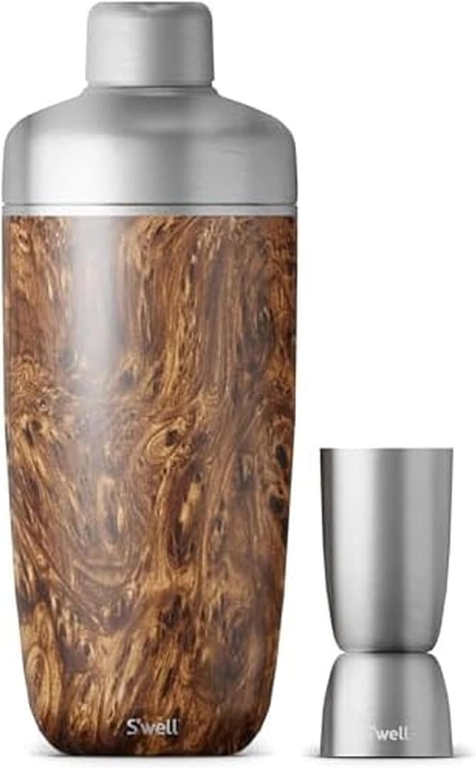 S'well Stainless Steel Shaker Set with Jigger, 18oz, Teakwood, Triple Layered Vacuum Insulated Container Keeps Cocktails Colder for Longer, BPA Free Barware
