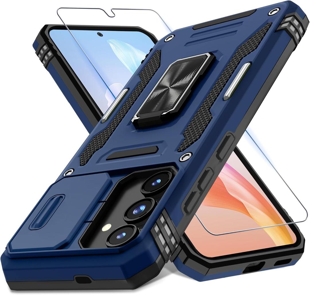 DEERLAMN Case for Samsung Galaxy S25 6.2-Inch with Slide Camera Cover+Screen Protector (1 Pack), Rotated Ring Kickstand Military Grade Shockproof Protective Cover-Navy Blue