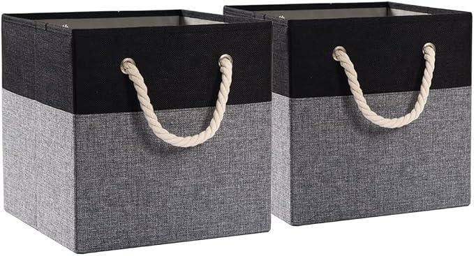 Large Foldable Cube Storage Bins 13x13 inch [2-Pack] Fabric Linen Storage Baskets Cubes Drawer with Cotton Handles Organizer for Shelves Nursery Closet Bedroom Black