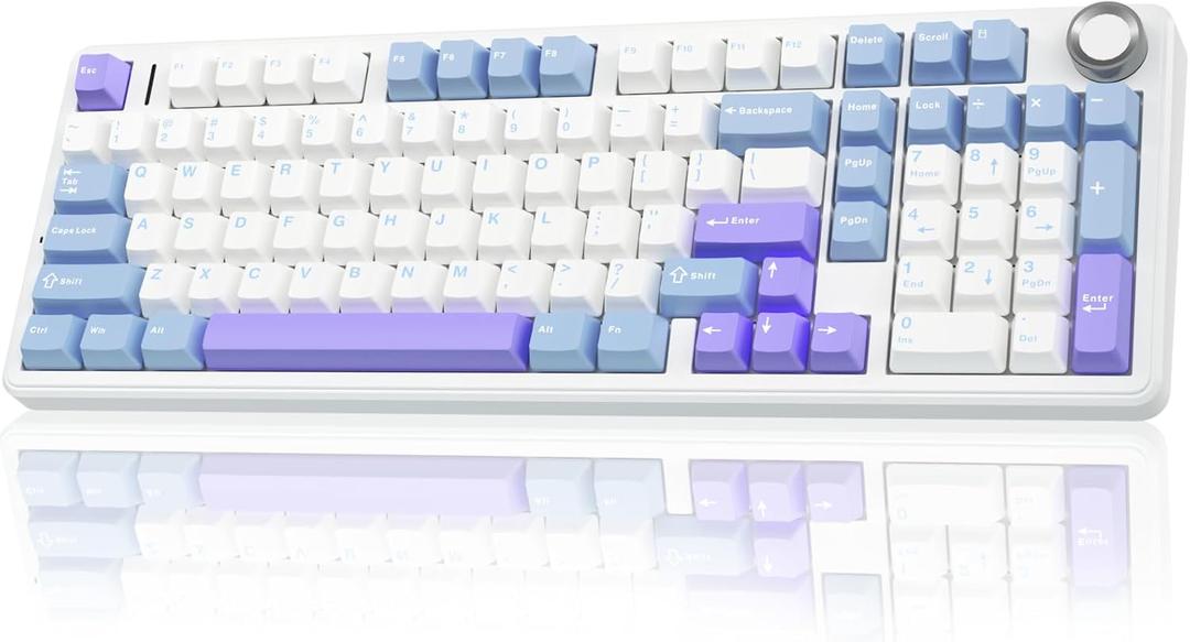 AULA F99 Pro Wireless Mechanical Keyboard with Knob,Tri-Mode BT5.0/USB-C/2.4GHz Hot Swappable Keyboard,Pre-lubed Switches,RGB Backlit Computer Gaming Keyboards (White&Blue&Purple) (With Knob-White&Blue&Purple)