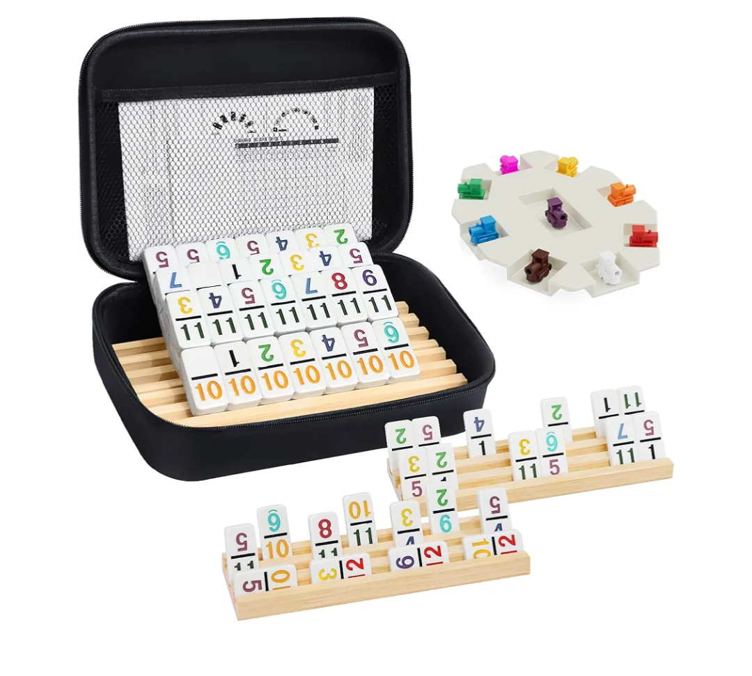 Mexican Train Dominoes Set with Numbers and 4 Wooden Trays/Racks, Double 12 Dominos Travel Set with 4 Tiles Holders, 91 Tiles Double 12 Colored Dominoes Game Set with Portable Case for Families Kids