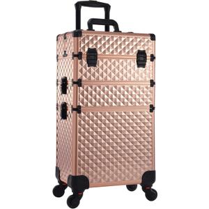 Adazzo 3 in 1 Professional Rolling Makeup Train Case Aluminum Trolley Case with 360 Rotation Wheels for Makuep Artist Cosmetic Suitcase Organizer with Lock and Key Diamond Pattern - Rose Gold