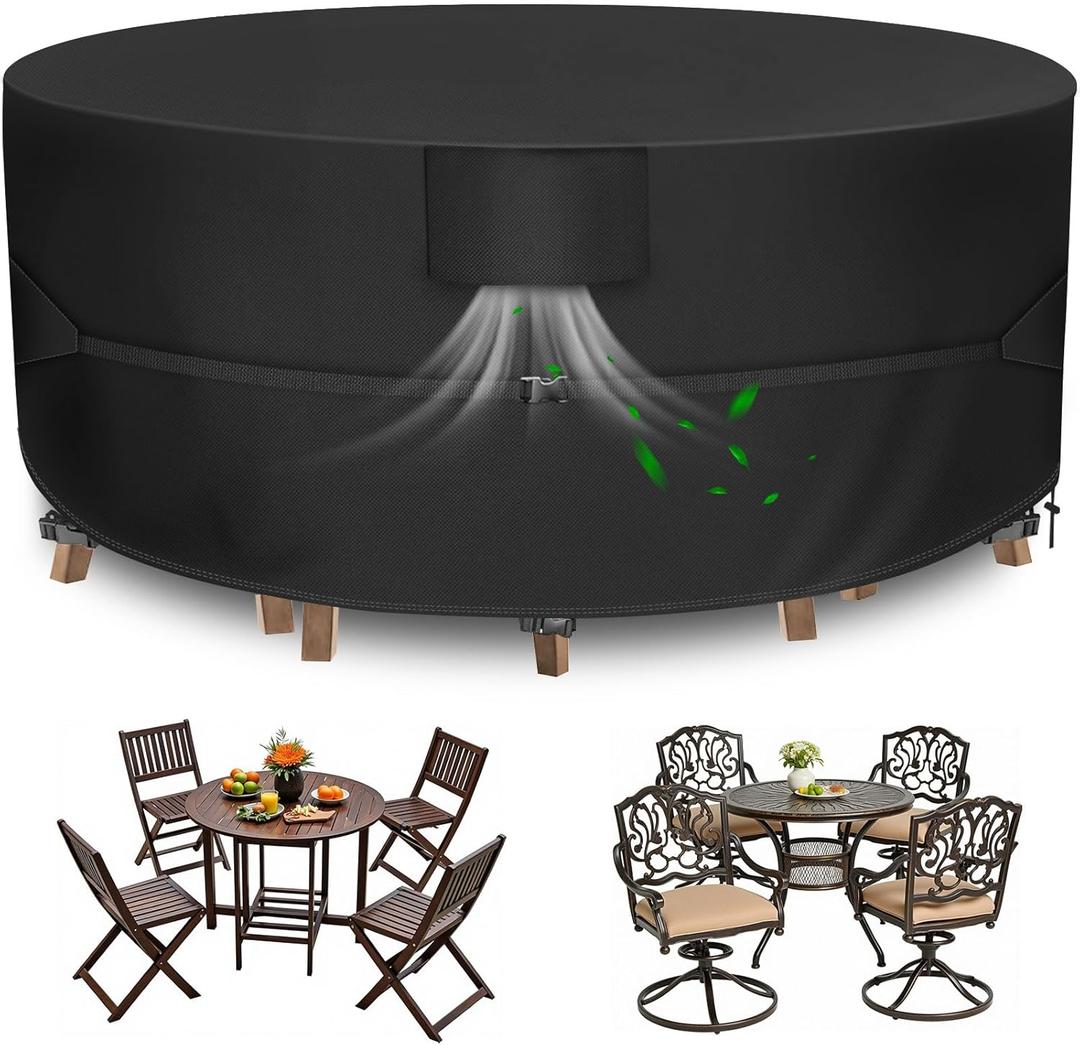 Round Patio Furniture Set Cover, Patio Table Cover Waterproof, Heavy Duty Outdoor Table and Chair Set Cover, Outdoor Furniture Covers for Patio Furniture, 84"Dia x 28"H, Black