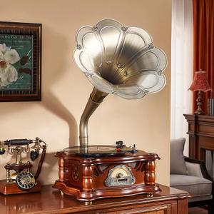 Artisam Vintage Gramophone Record Player, Retro Turntable Record Players, Wooden Phonograph Vinyl Music Player,Decorative Gramophone Player with USB Play & Remote Control for Home/Christmas/Party