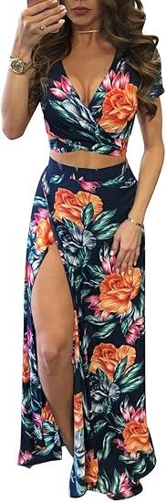 WOKANSE Women's Sexy 2 Piece Outfits Summer Beach Boho Floral Dress V Neck Crop Tops and High Split Maxi Skirt Sets (L)