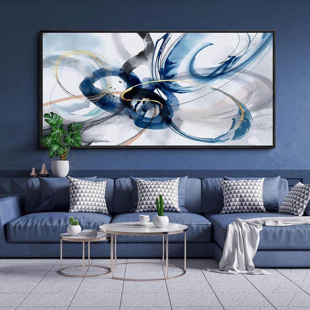KLAKLA Large Wall Art for Living Room - Abstract Wall Decor Framed Picture Artwork for Wall Decorative Paintings Blue and White Modern Office Bedroom Art (24x48)