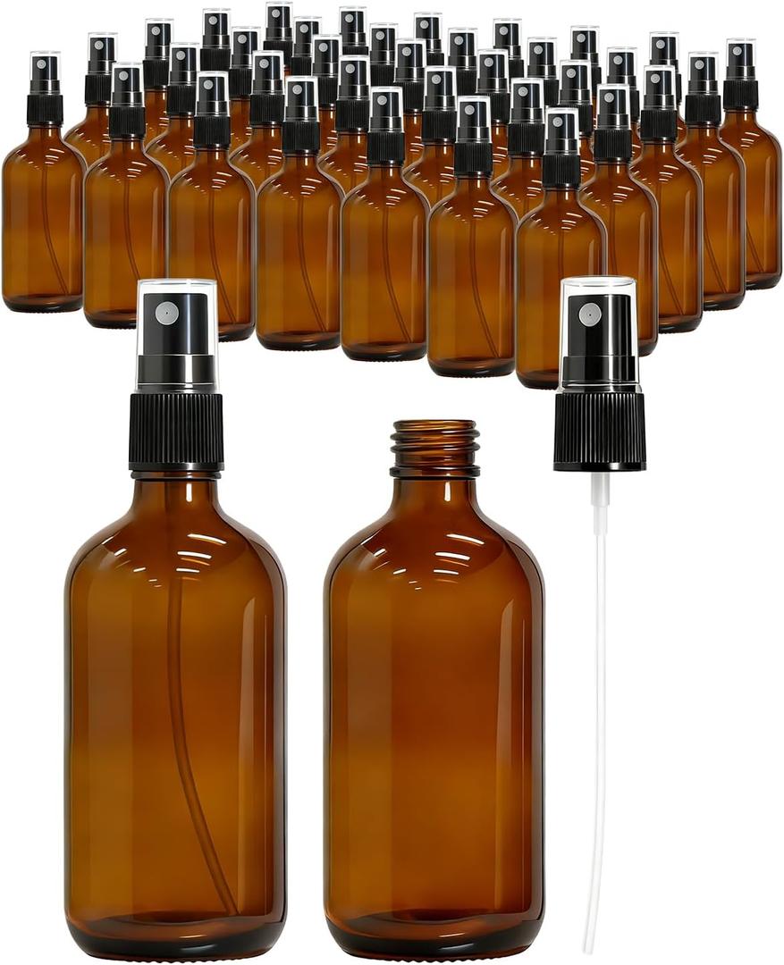 KEYWING 35 Pack Small Amber Glass Spray Bottles for Essential Oils, 4oz Empty Fine Mist Mini Spray Bottles, Refillable Containers for Hair, Travel, Plants, Cleaning, Skin Care