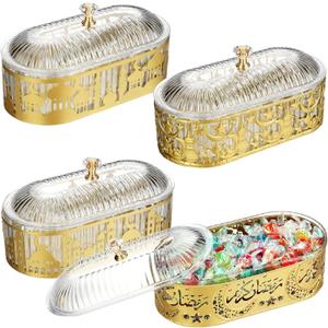 Otoolling 4 Pcs Ramadan Trays with Lid Gold Eid Mubarak Tray Plates Ramadan Moon Candy Dish Table Decorations Food Serving Tray Islam Muslim Al-fitr Cookie Storage Container for Eid Party Supplies