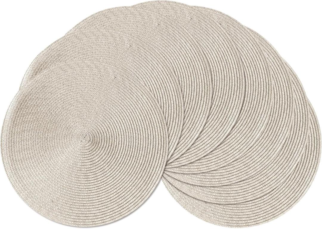 Leetaltree Round Placemats Set of 8 - Washable Woven Non-Slip Round Table Mats,15-Inch Heat Resistant Table Placemats,Beige