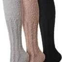 Velice Fuzzy Socks for Women 3 Pairs Knee High Fluffy Soft Warm Stocking Cozy Slipper Plush Winter Long Christmas Socks (Black/Brown)