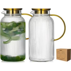 Buaic 2 PACK Glass Pitcher with Lid, 74oz/ 2.2 Liter Classic Vertical Stripes Water Pitcher with Handle,Glass Water Carafe for Cold Brew, Coffee, Lemonade, Iced Sun Tea,Beverage,Heat Resistant