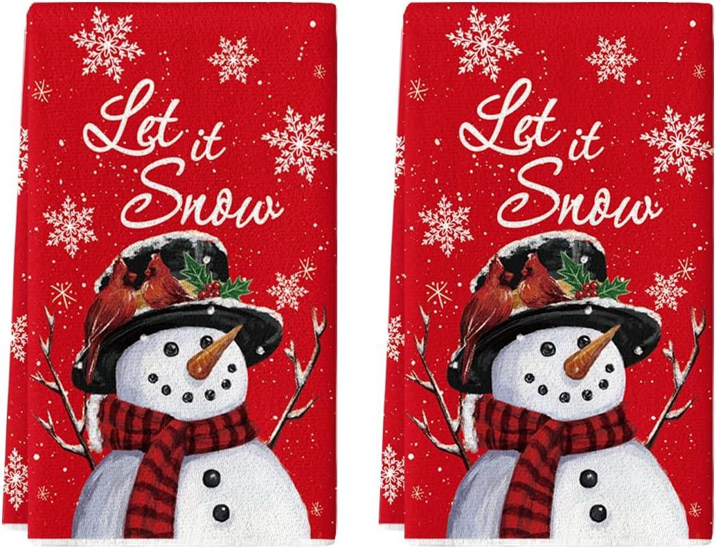 Artoid Mode Red Snowman Let It Snow Winter Kitchen Towels Dish Towels, 18x26 Inch Seasonal Christmas Decoration Hand Towels Set of 2