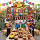 Peryiter 3 Pieces Mexican Fiesta Party Decorations Mexico Cinco de Mayo Themed Backdrop Fiesta Banner with Sombrero Cactus Guitar Design for Mexican Party Supplies Decoration