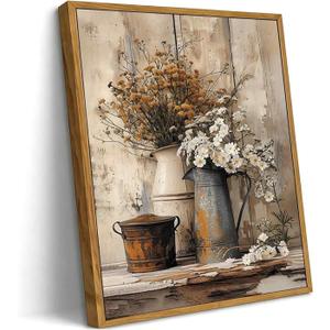 Rustic Farmhouse Bathroom Wall Art, Vintage Floral Canvas Print for Restroom Toilet, Distressed Metal Pitcher and Dried Flower Artwork, Neutral Country Style Home Decor for Living Room Bedroom 8x10 Inch Framed