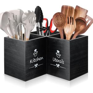 Wooden Kitchen Utensils Holder with 3 Compartments, Large Wooden Large Utensil Caddy Organizer for Counter, Utensil Organizer for Kitchen Countertop, Cooking Utensil Crock for Silverware Spoon Spatula