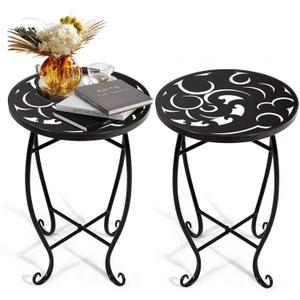 2 Pack 15 Inch Tall Plant Stands Outdoor Indoor, Metal Side Tables for Patio, Weather Resistant Flower Pot Racks with Swirl Pattern, Black End Table Set for Garden Balcony