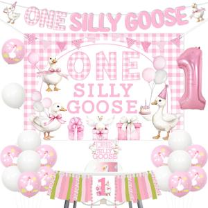 Wonmelody Goose First Birthday Decor Girl One Silly Goose Backdrop Banner Pink Gingham 1st Birthday High Chair Banner Geese Cake Topper Funny Geese Hanging Supplies for Farm Animal First Bday